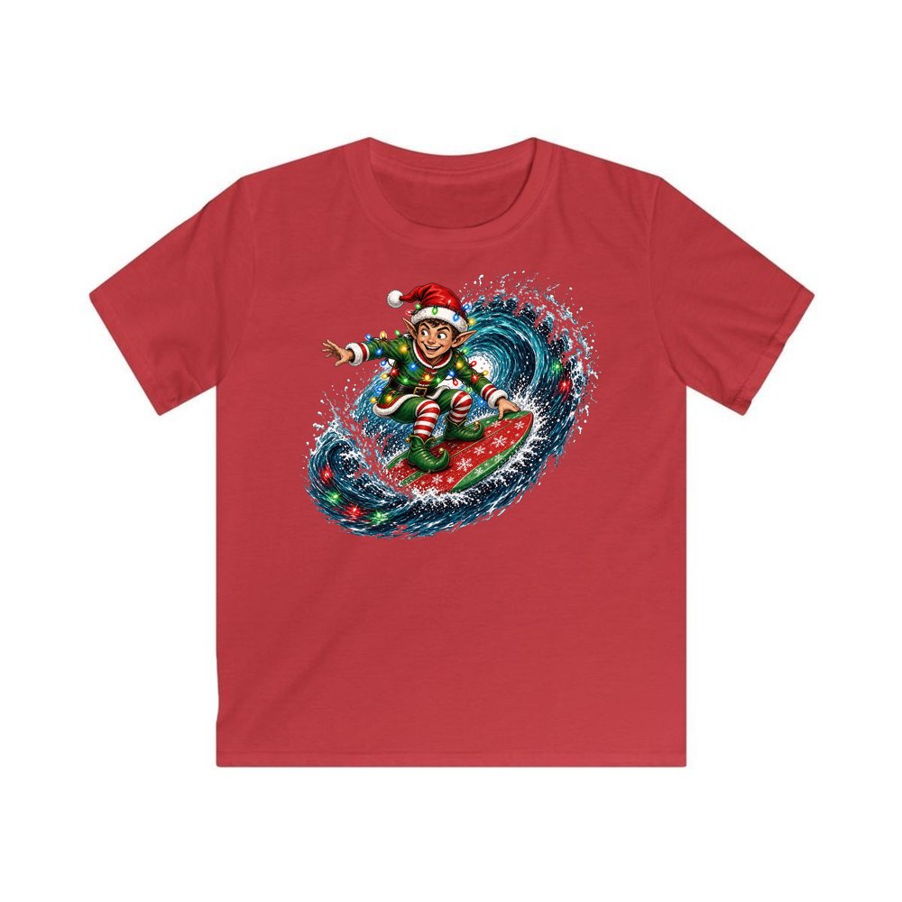 Elf Surfing the Lights personalised kids Christmas tee in red