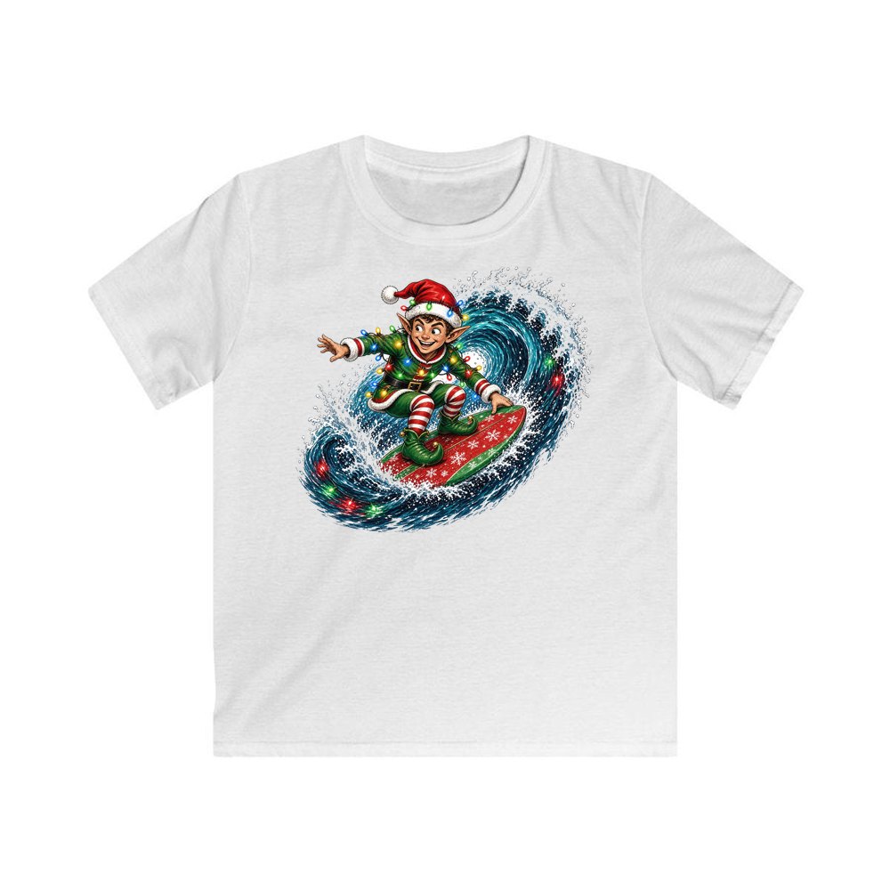 Elf Surfing the Lights personalised kids Christmas tee in white