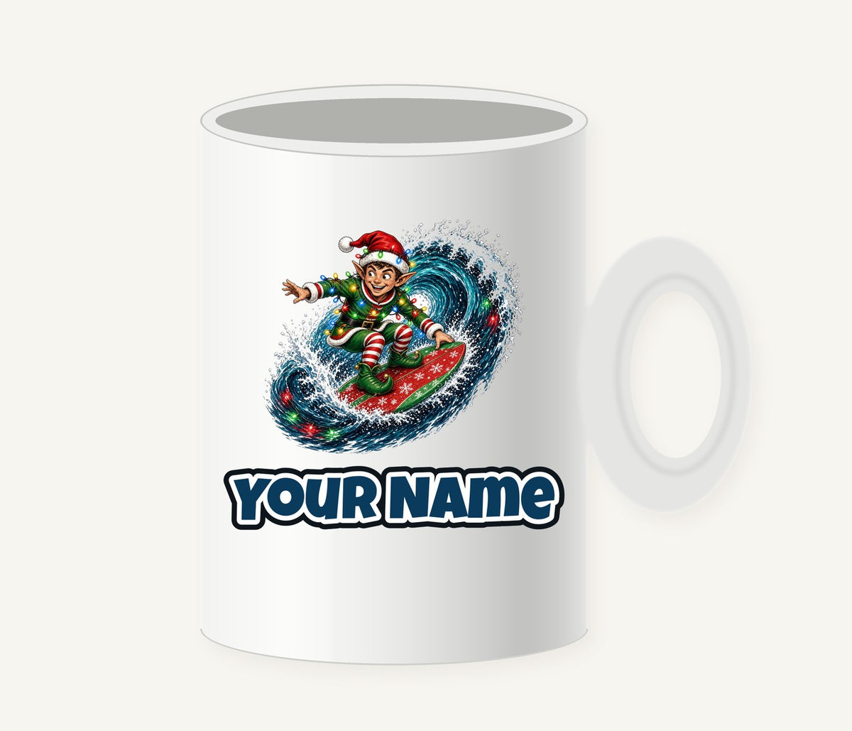 Elf Surfing the Lights Personalised Christmas Mug