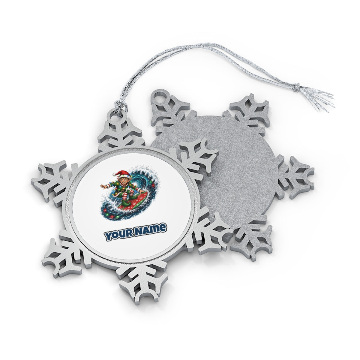 Elf Surfing the Lights personalised pewter snowflake Christmas ornament, front and back, with a name under the design