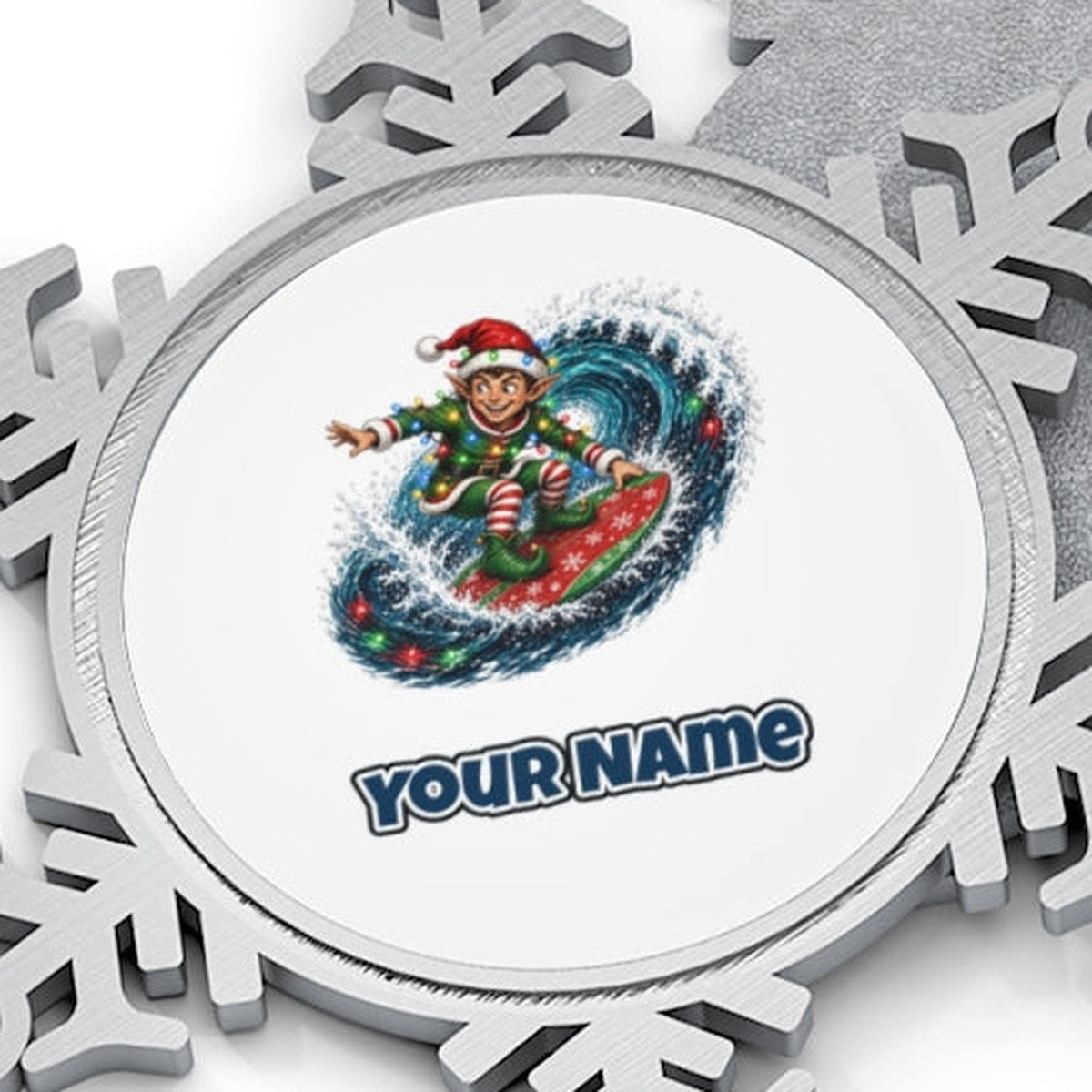 Elf Surfing the Lights Personalised Pewter Christmas Ornament