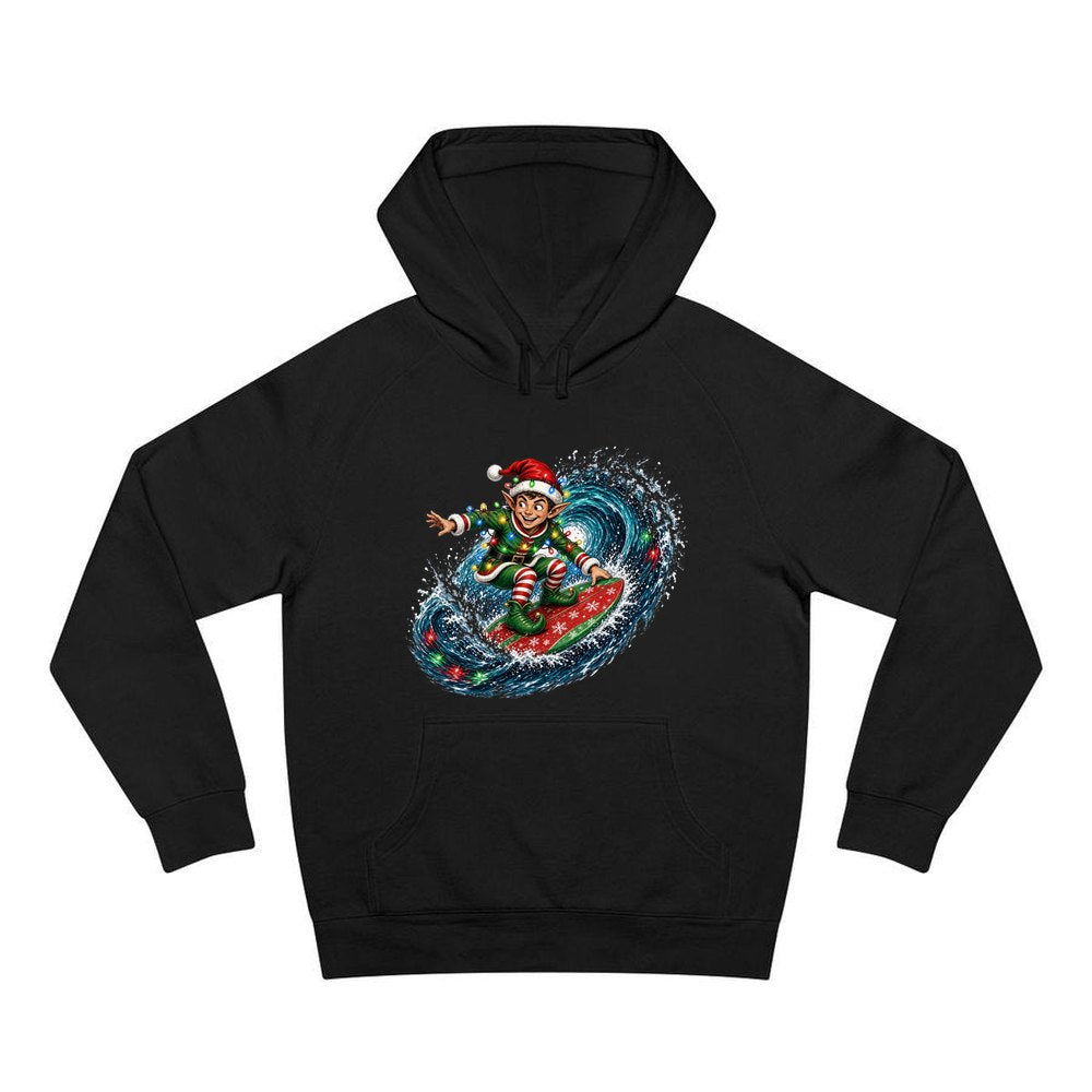 Elf Surfing the Lights personalised Christmas hoodie in black