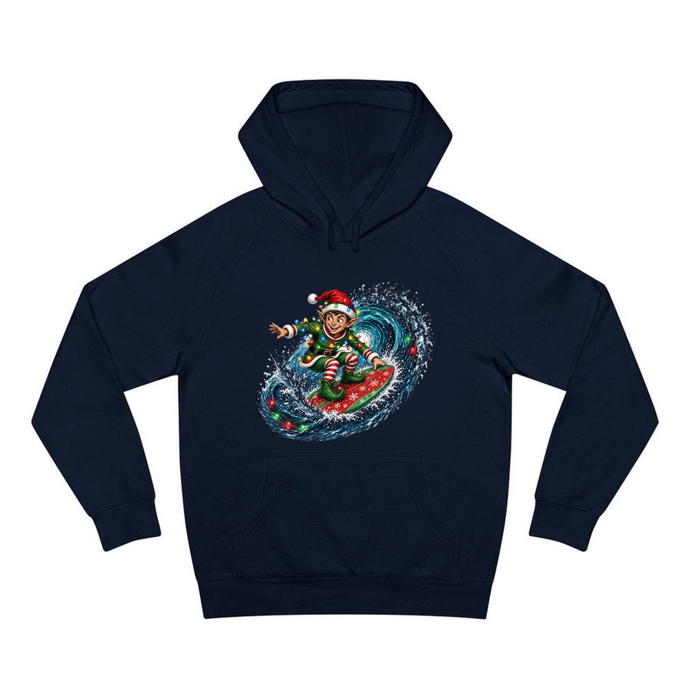 Elf Surfing the Lights personalised Christmas hoodie in navy