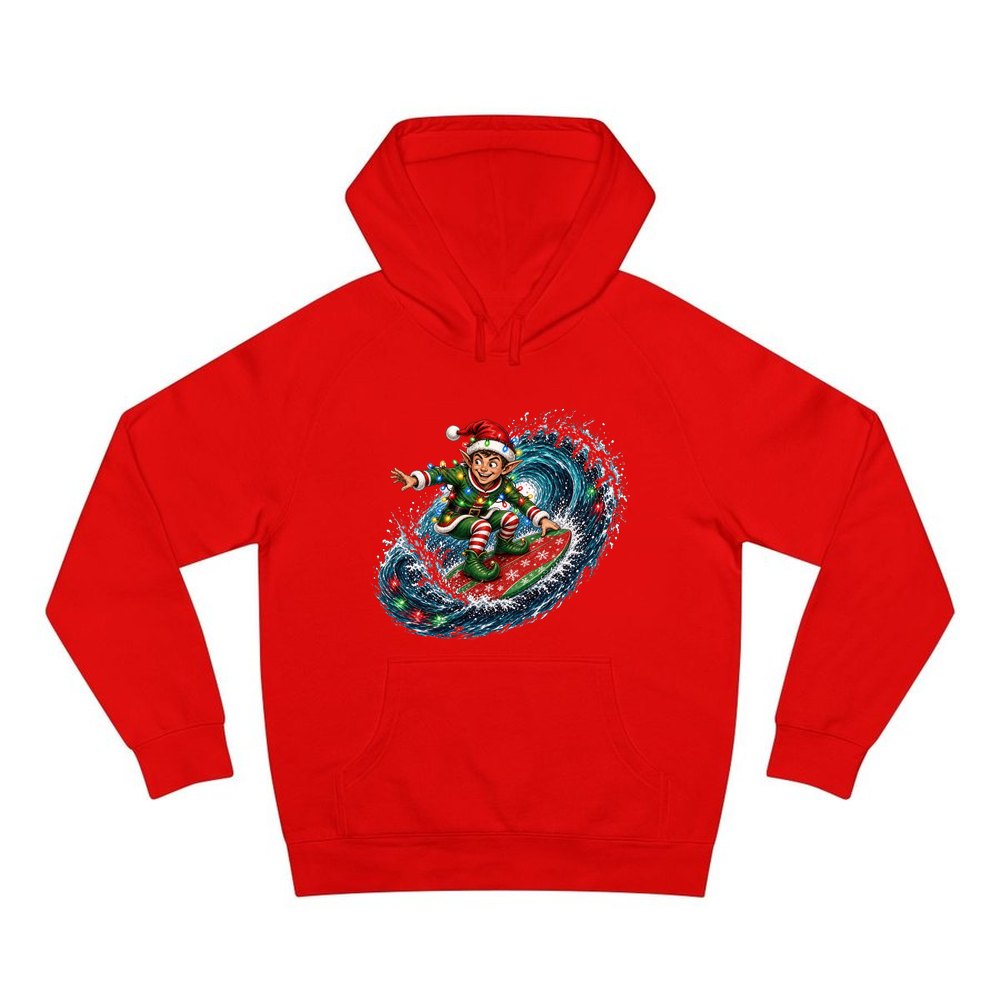 Elf Surfing the Lights personalised Christmas hoodie in red