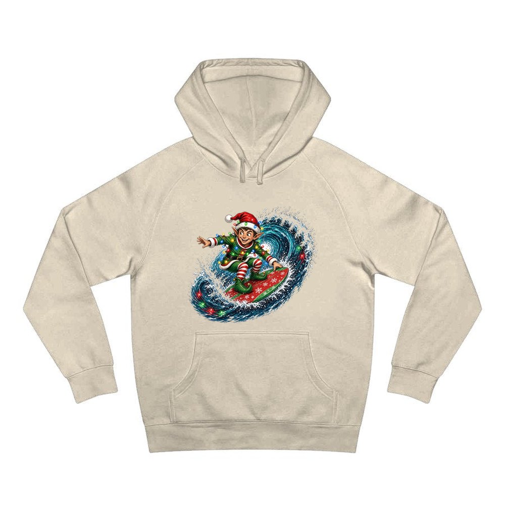 Elf Surfing the Lights personalised Christmas hoodie in sand