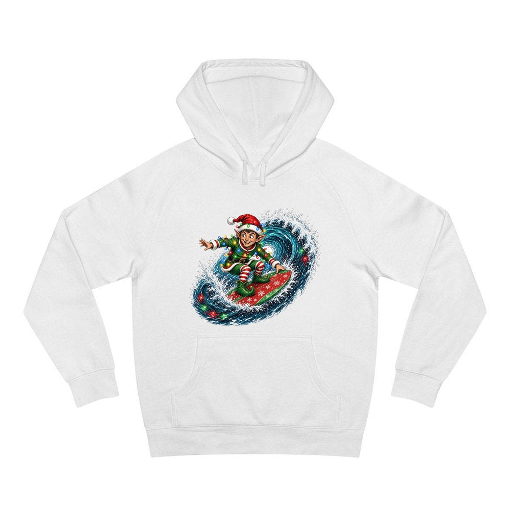 Elf Surfing the Lights personalised Christmas hoodie in white
