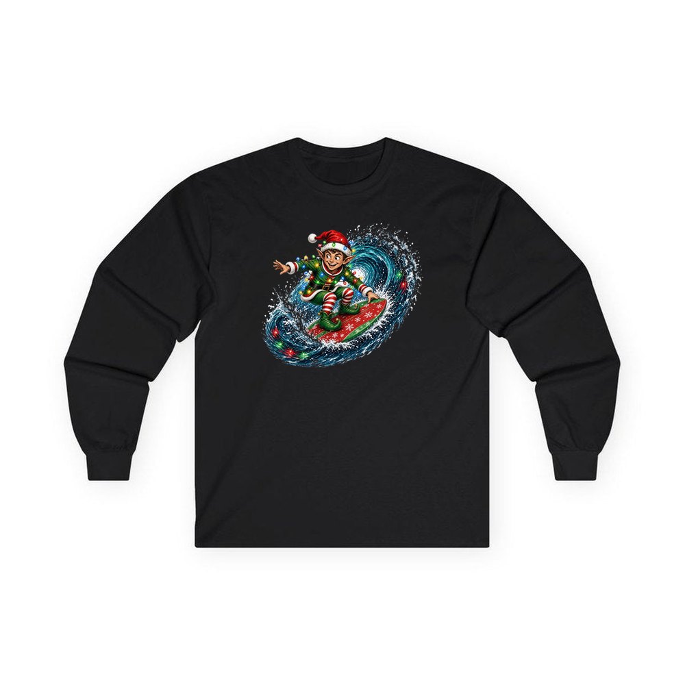Elf Surfing the Lights personalised long sleeve Christmas T-shirt in black
