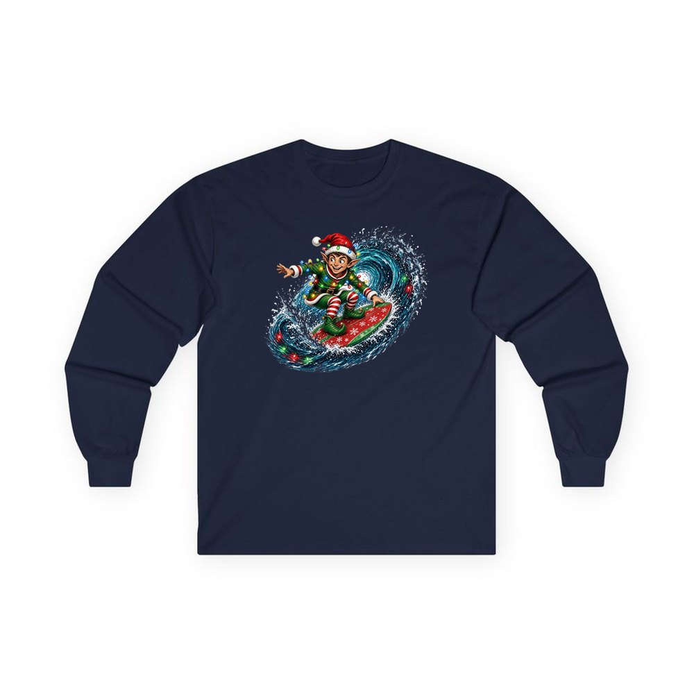 Elf Surfing the Lights personalised long sleeve Christmas T-shirt in navy