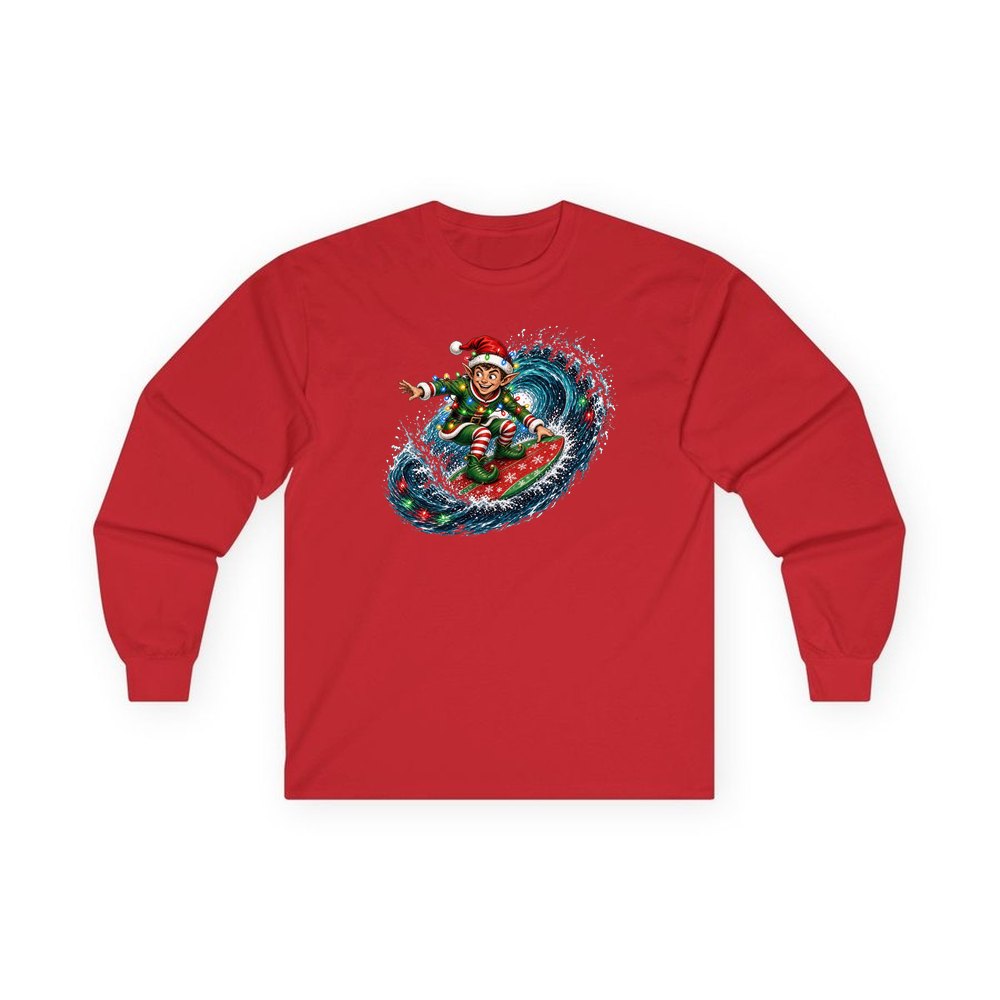 Elf Surfing the Lights personalised long sleeve Christmas T-shirt in red