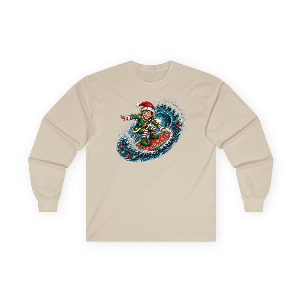 Elf Surfing the Lights personalised long sleeve Christmas T-shirt in sand