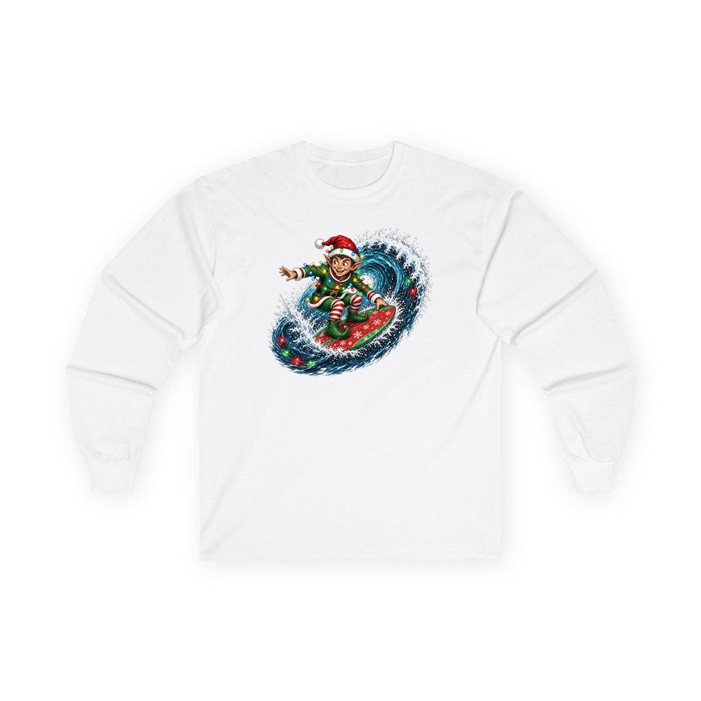 Elf Surfing the Lights personalised long sleeve Christmas T-shirt in white