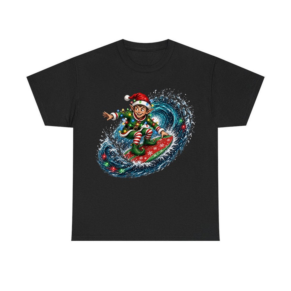Elf Surfing the Lights personalised Christmas T-shirt in black