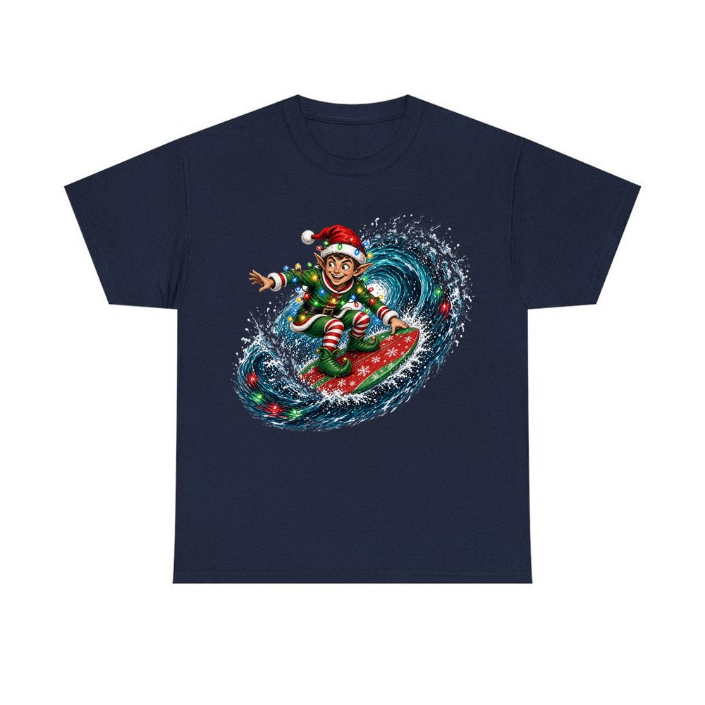 Elf Surfing the Lights personalised Christmas T-shirt in navy