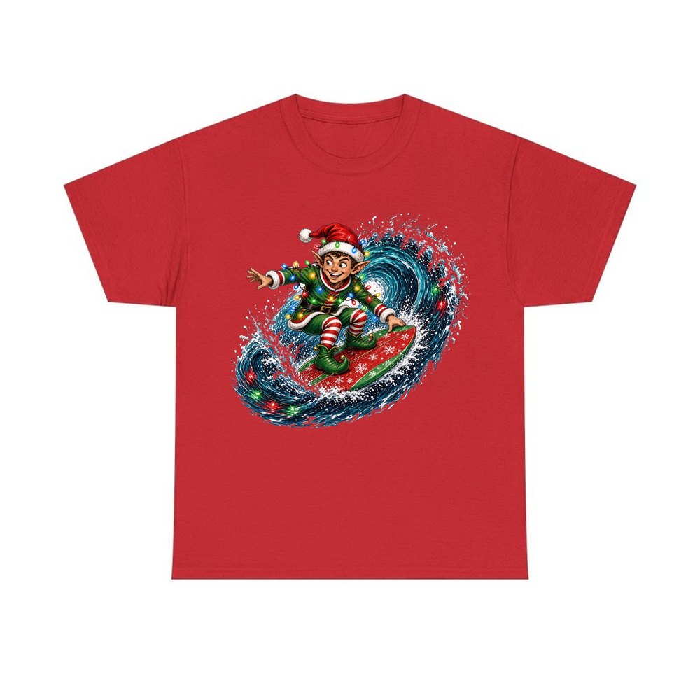 Elf Surfing the Lights personalised Christmas T-shirt in red
