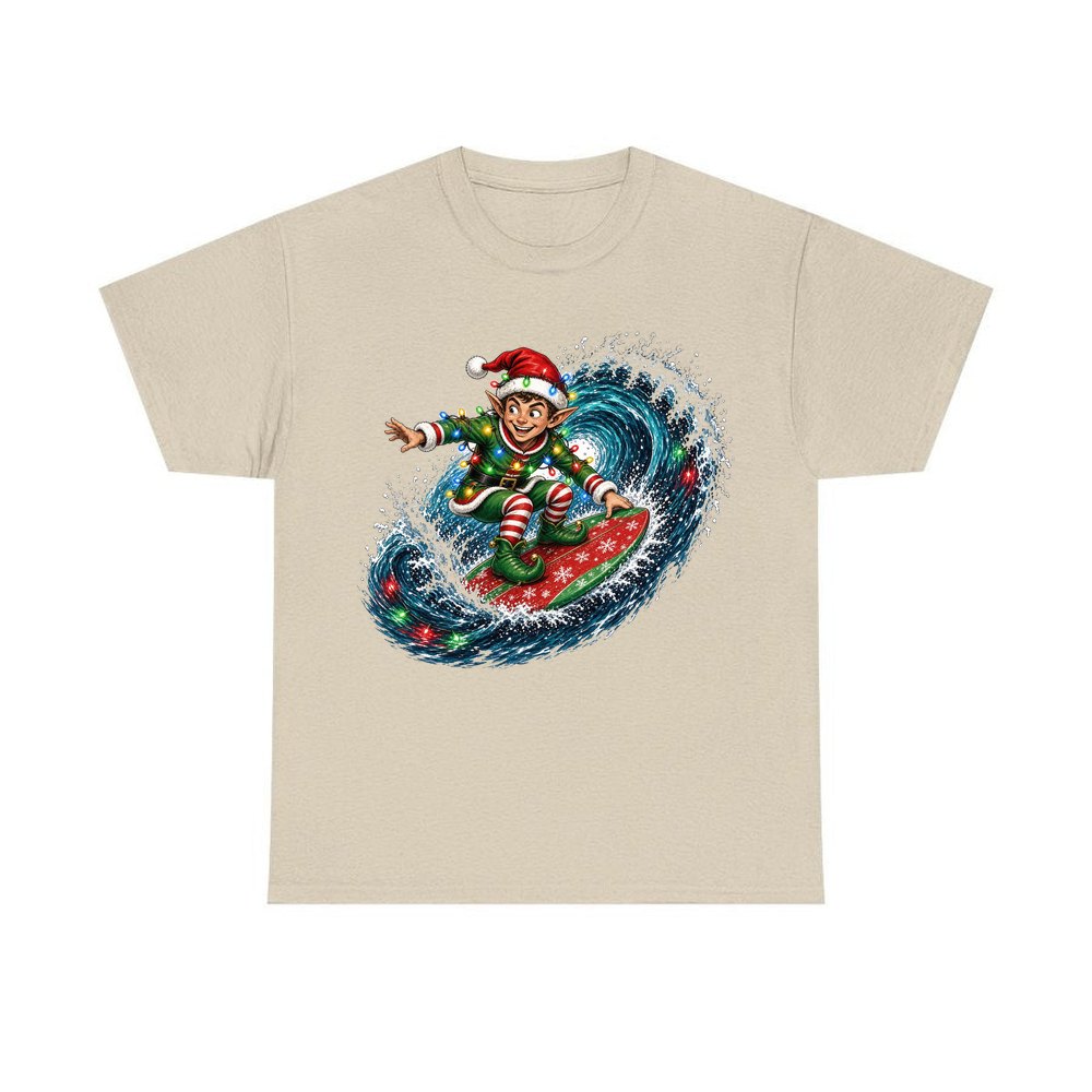 Elf Surfing the Lights personalised Christmas T-shirt in sand