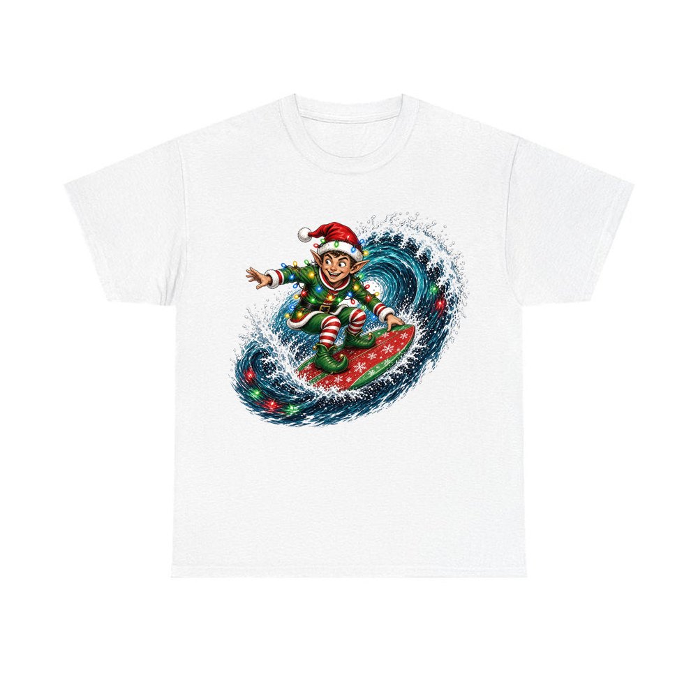 Elf Surfing the Lights personalised Christmas T-shirt in white