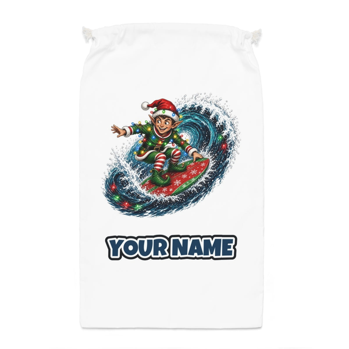 Elf Surfing the Lights Santa sack laid flat, showing the full print