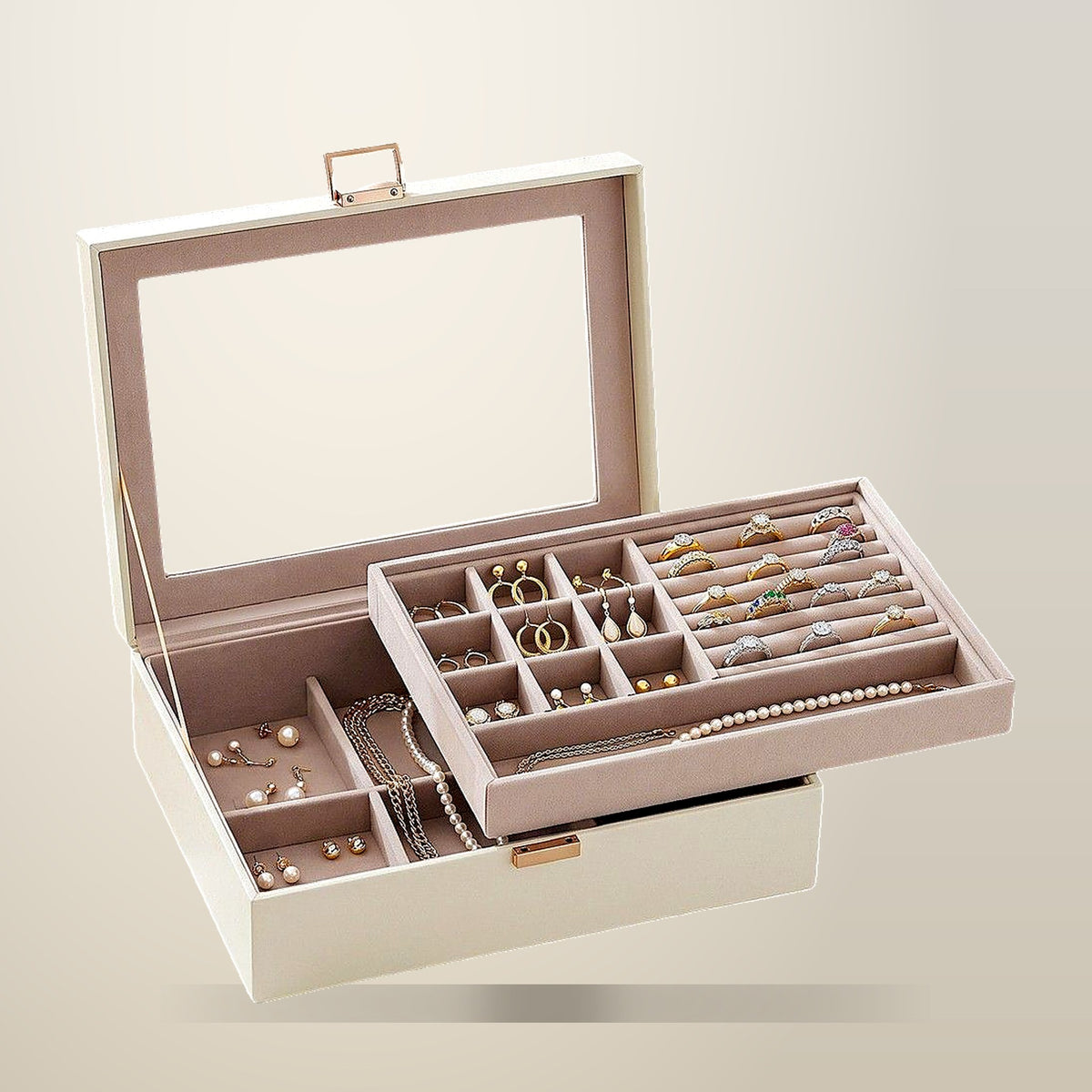 Embellir 2 Layer Jewellery Box, Clear Lid, White, on a plain cream background