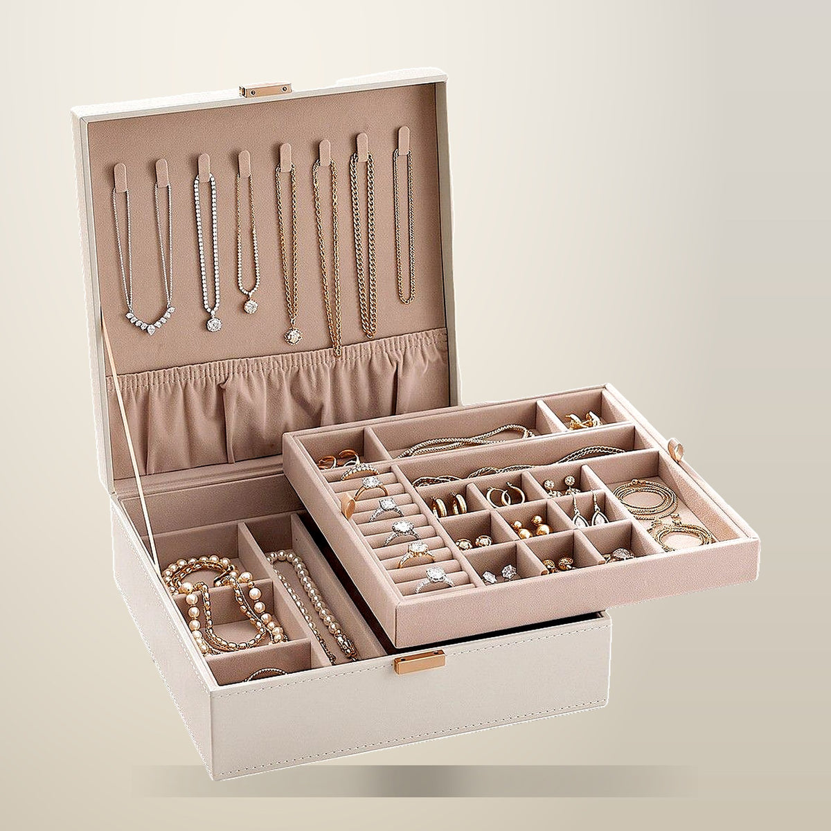 Embellir 2 Layer Leather Jewellery Box, White, on a plain cream background