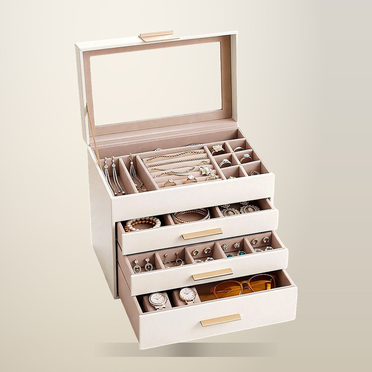 Embellir 4 Layer Jewellery Box, Glass Lid, White, on a plain cream background