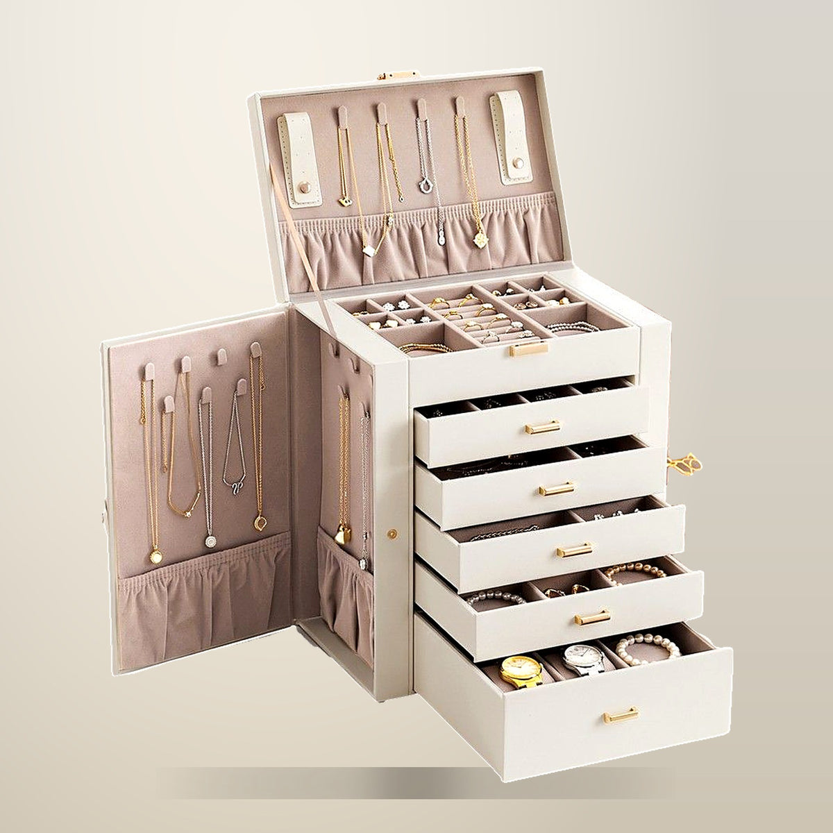 Embellir Jewellery Box, 6 Layer Organiser, White, on a plain cream background