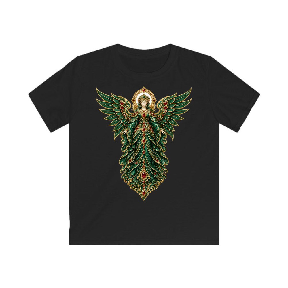 Emerald And Gold Angel personalised kids Christmas tee in black