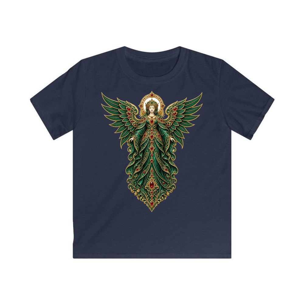 Emerald And Gold Angel personalised kids Christmas tee in navy