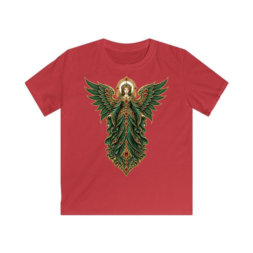 Emerald And Gold Angel personalised kids Christmas tee in red