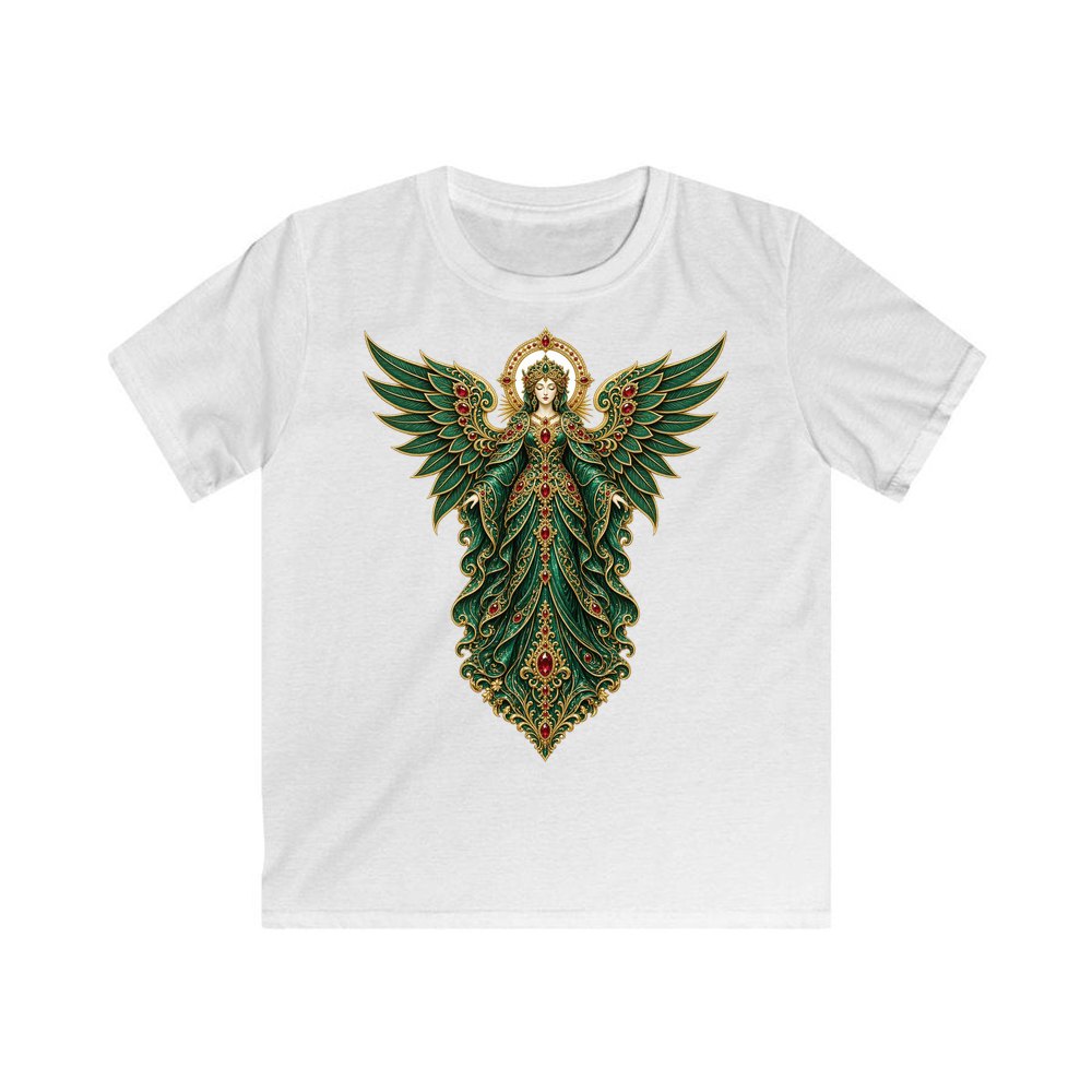 Emerald And Gold Angel personalised kids Christmas tee in white