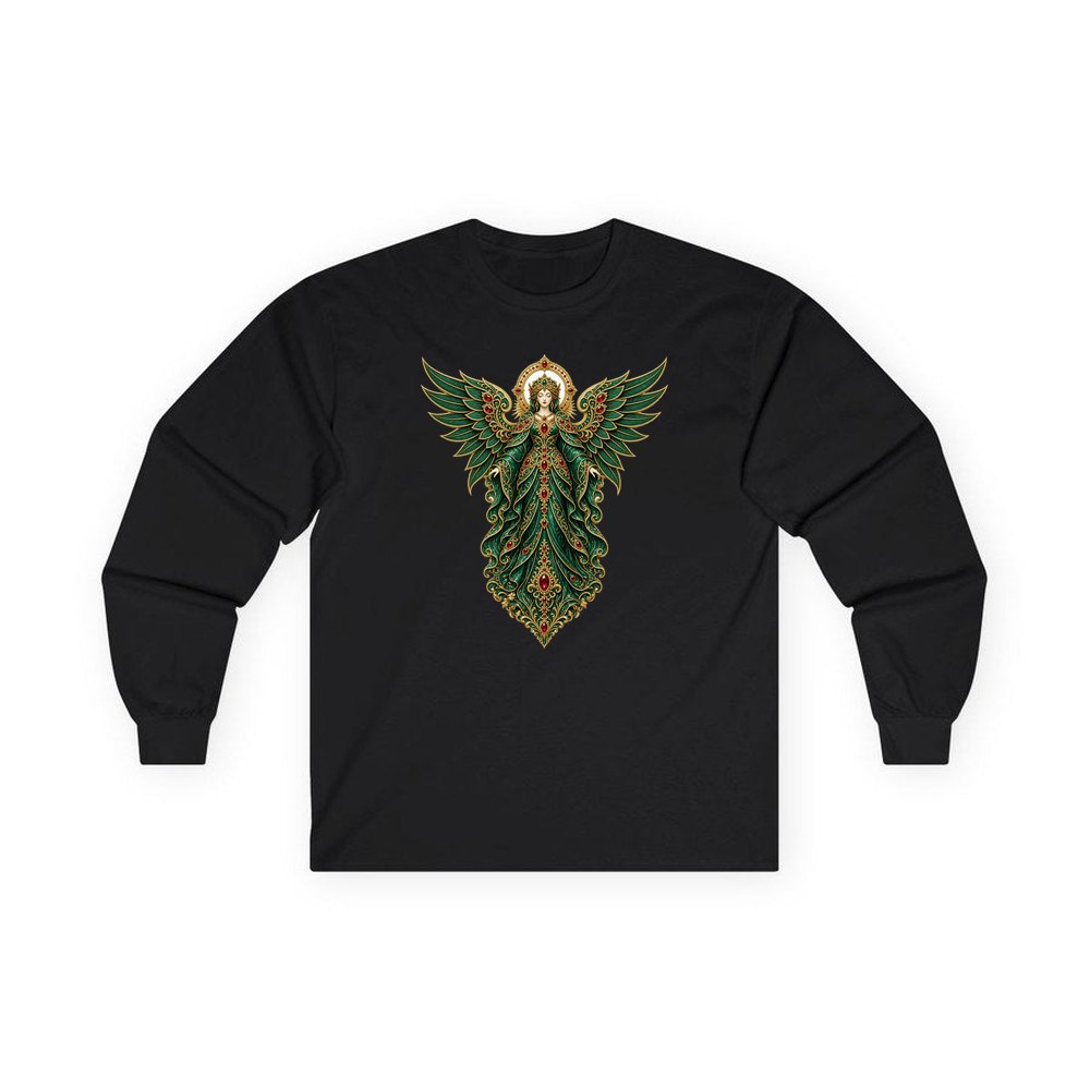 Emerald And Gold Angel personalised long sleeve Christmas T-shirt in black
