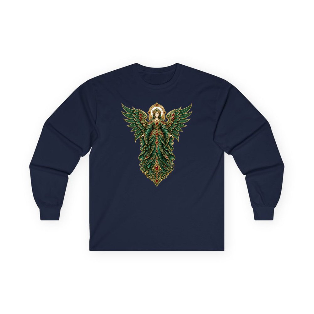 Emerald And Gold Angel personalised long sleeve Christmas T-shirt in navy