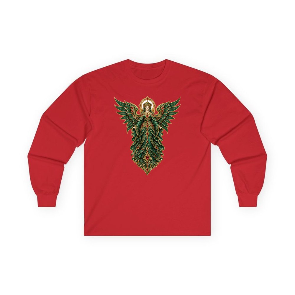 Emerald And Gold Angel personalised long sleeve Christmas T-shirt in red