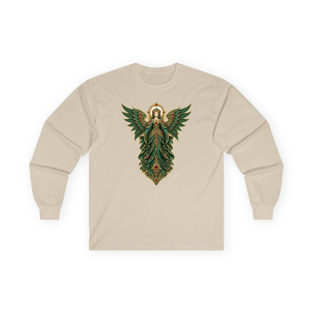 Emerald And Gold Angel personalised long sleeve Christmas T-shirt in sand