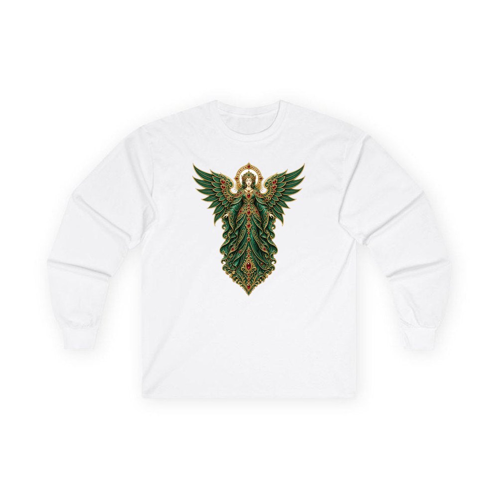 Emerald And Gold Angel personalised long sleeve Christmas T-shirt in white
