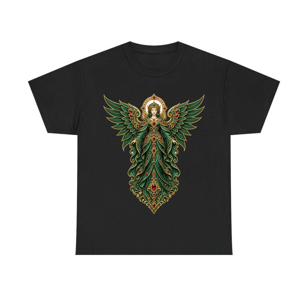 Emerald And Gold Angel personalised Christmas T-shirt in black