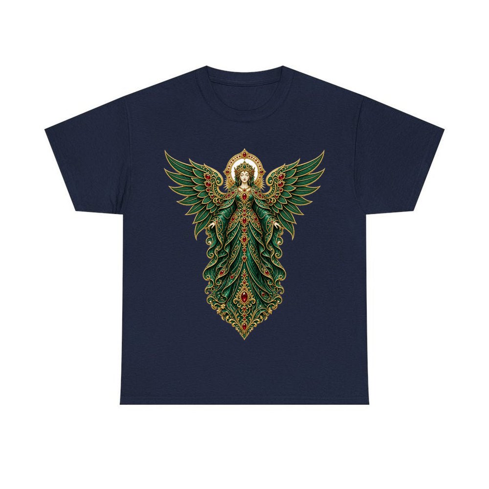 Emerald And Gold Angel personalised Christmas T-shirt in navy