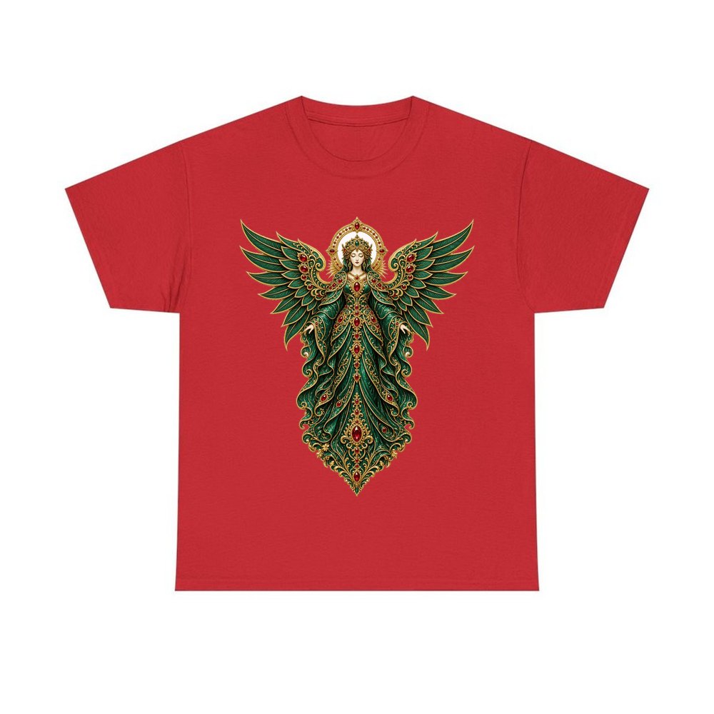 Emerald And Gold Angel personalised Christmas T-shirt in red