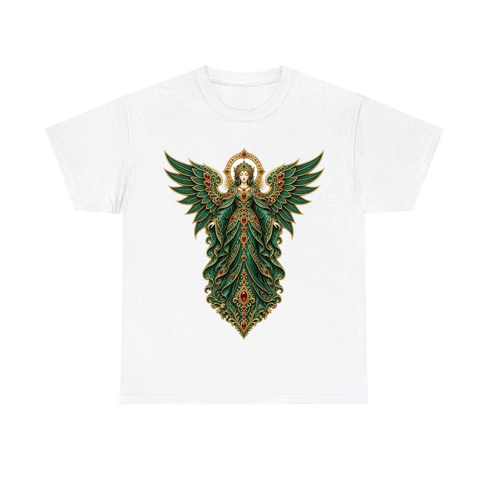 Emerald And Gold Angel personalised Christmas T-shirt in white