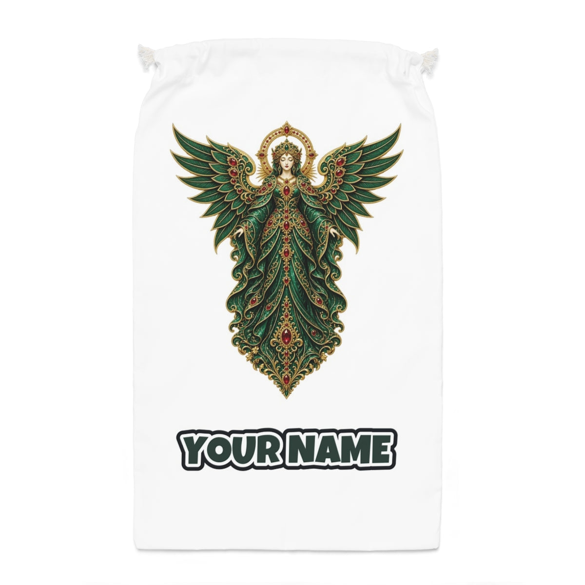 Emerald And Gold Angel Santa sack laid flat, showing the full print