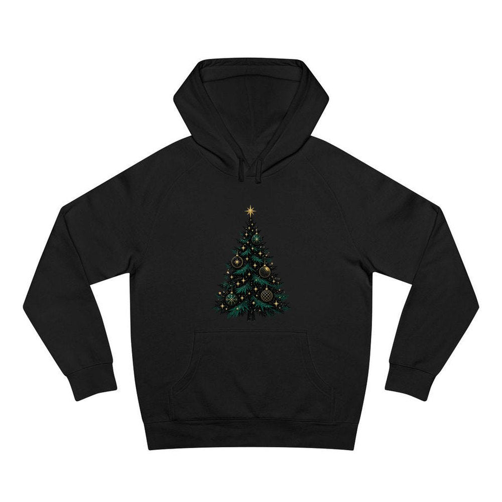 Emerald And Gold Christmas Tree personalised Christmas hoodie in black