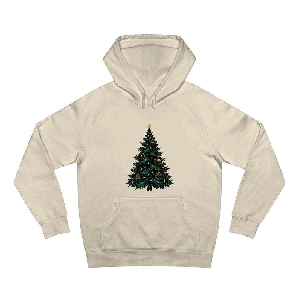Emerald And Gold Christmas Tree personalised Christmas hoodie in sand