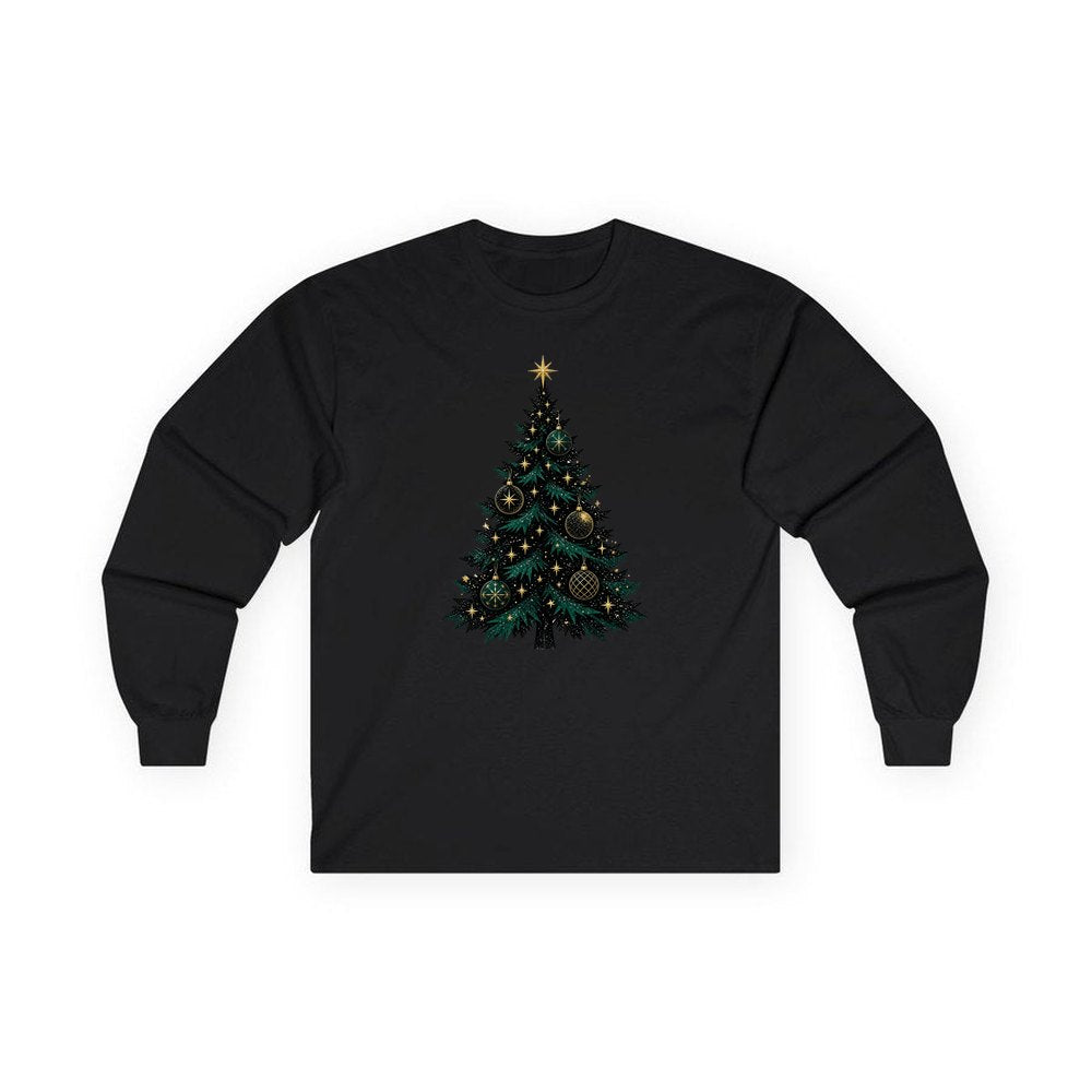Emerald And Gold Christmas Tree personalised long sleeve Christmas T-shirt in black