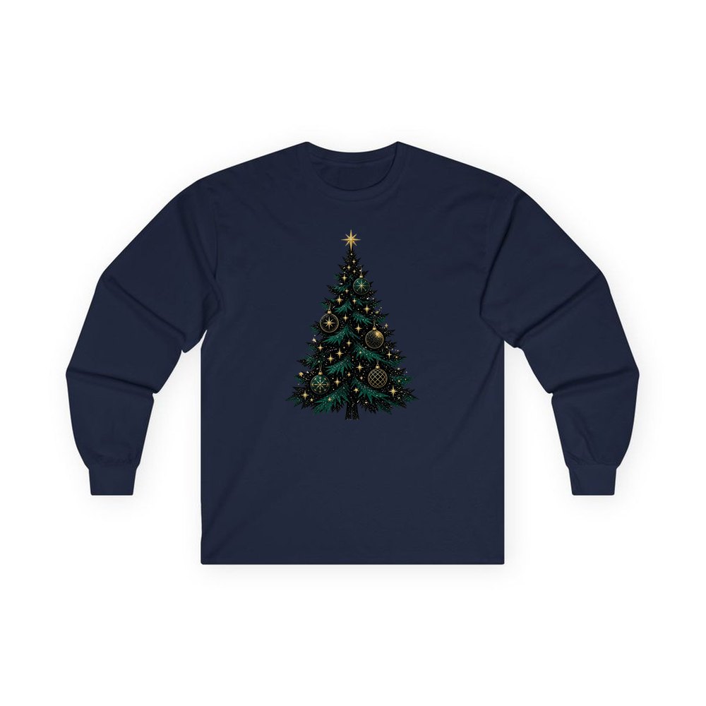 Emerald And Gold Christmas Tree personalised long sleeve Christmas T-shirt in navy