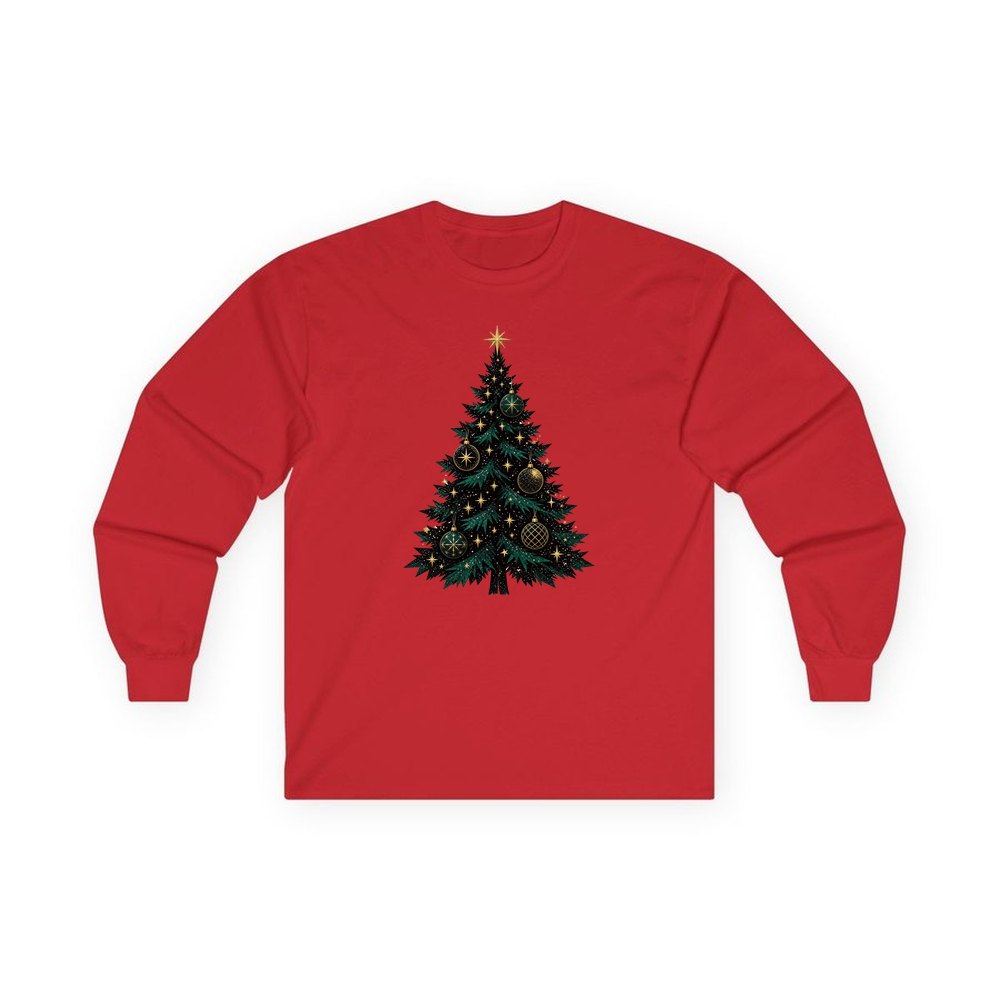Emerald And Gold Christmas Tree personalised long sleeve Christmas T-shirt in red
