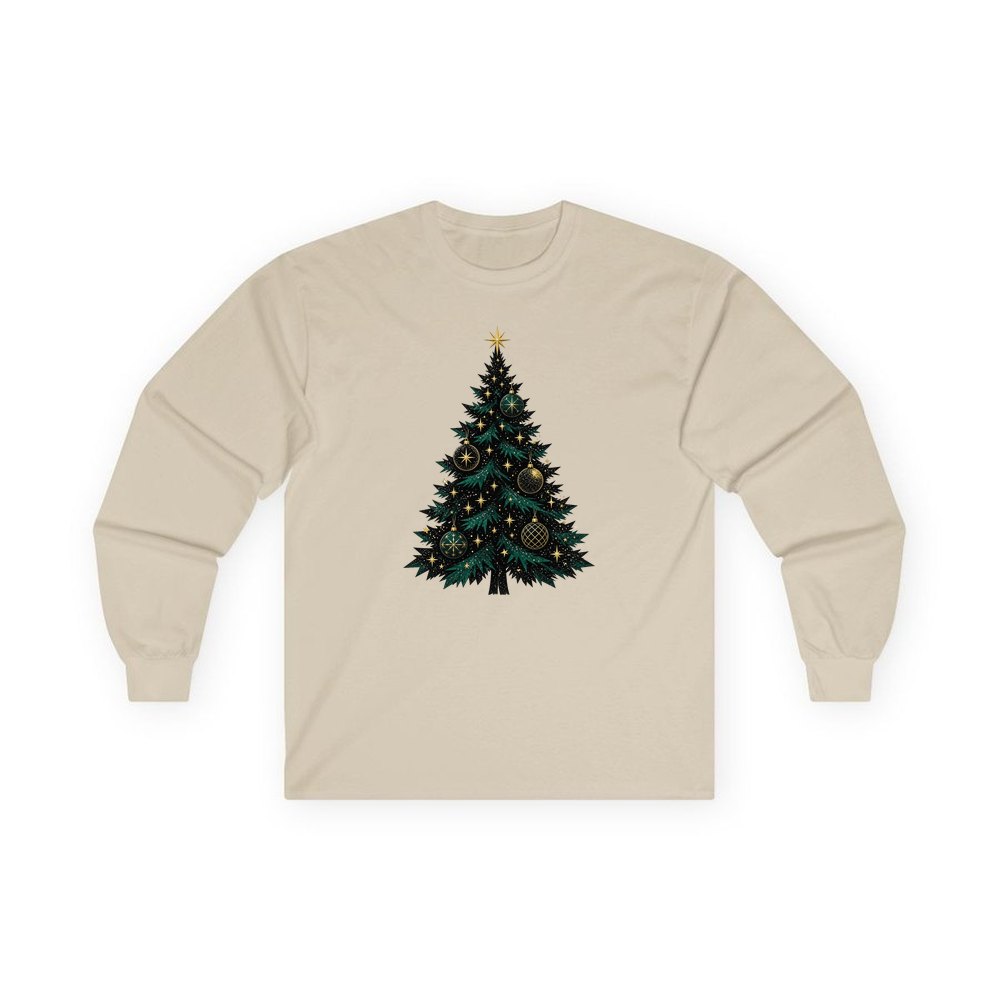 Emerald And Gold Christmas Tree personalised long sleeve Christmas T-shirt in sand
