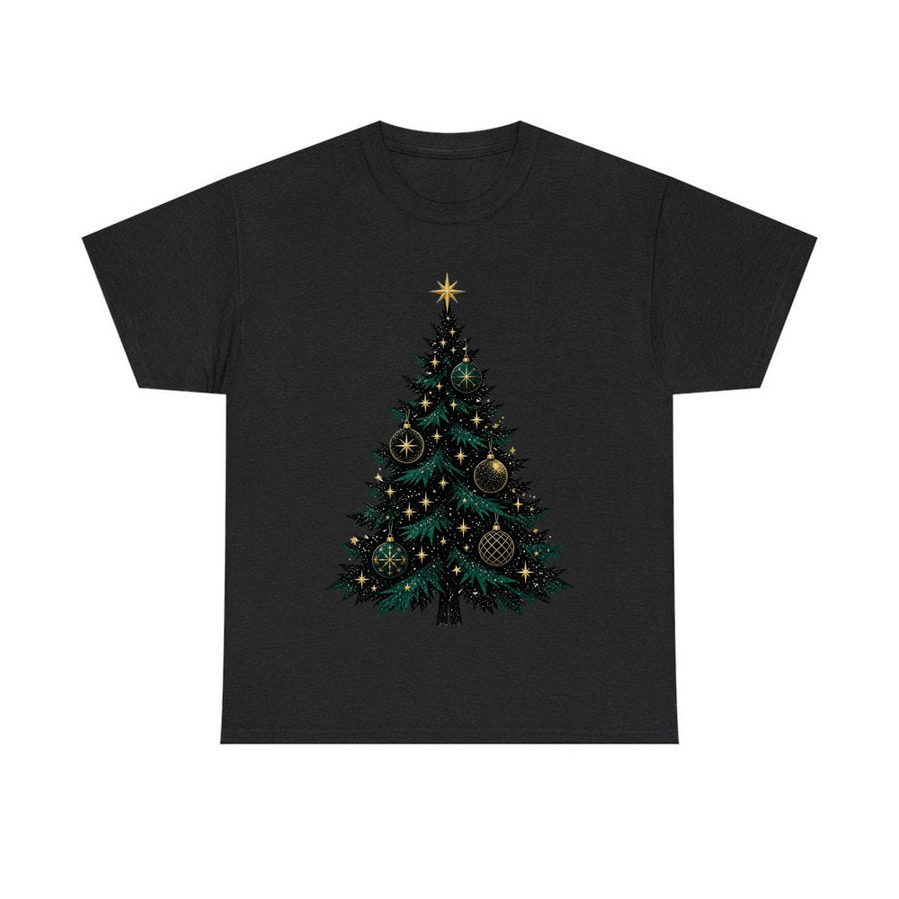 Emerald And Gold Christmas Tree personalised Christmas T-shirt in black
