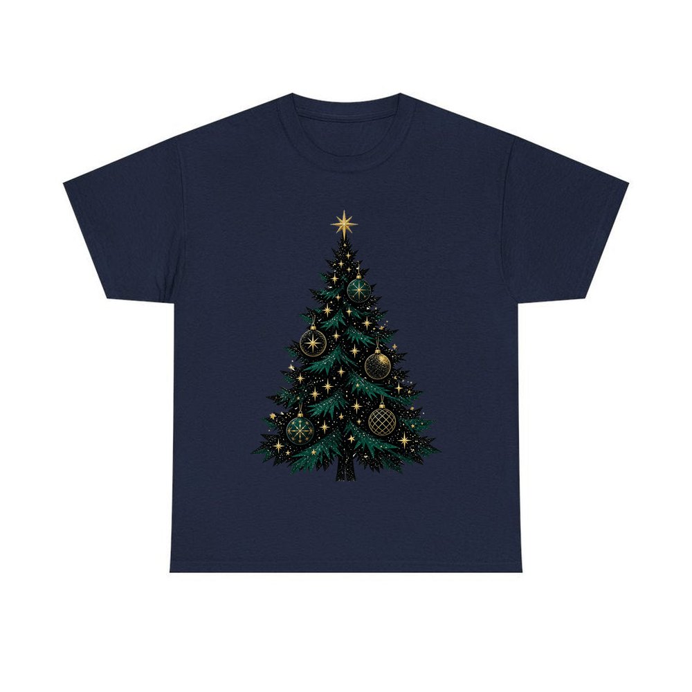 Emerald And Gold Christmas Tree personalised Christmas T-shirt in navy