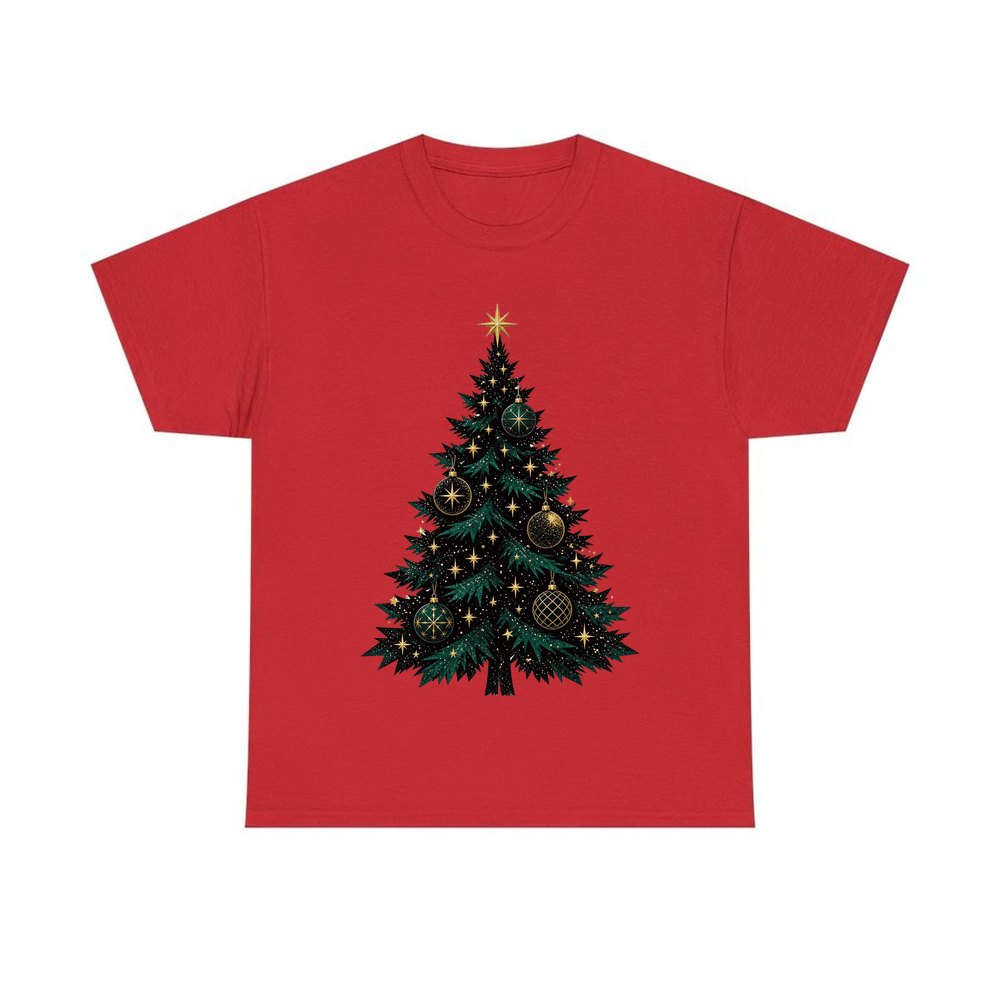 Emerald And Gold Christmas Tree personalised Christmas T-shirt in red