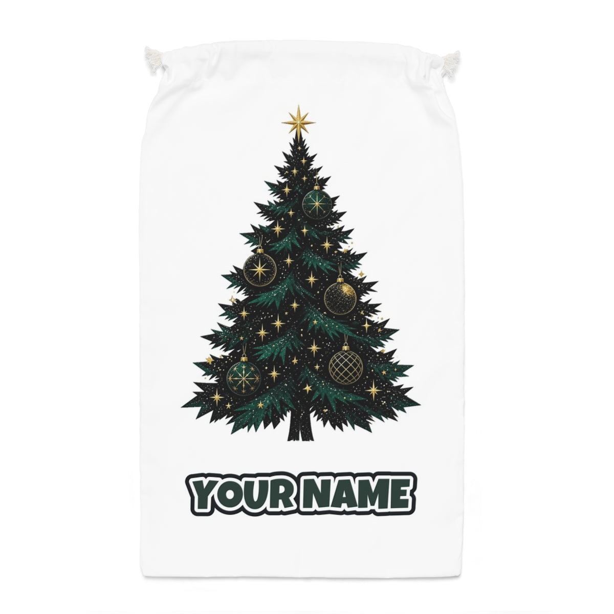 Emerald And Gold Christmas Tree Santa sack laid flat, showing the full print