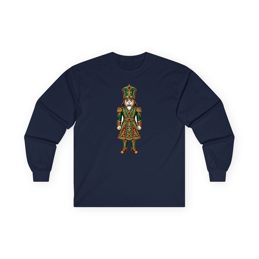 Emerald And Gold Nutcracker personalised long sleeve Christmas T-shirt in navy